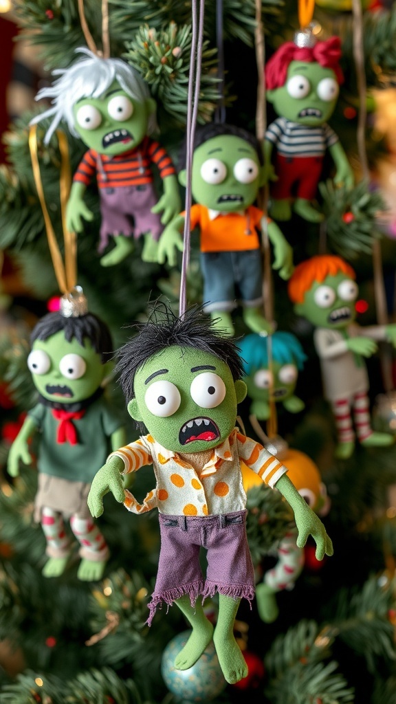 A variety of DIY zombie ornaments on a Christmas tree, showcasing creative designs and vibrant colors.